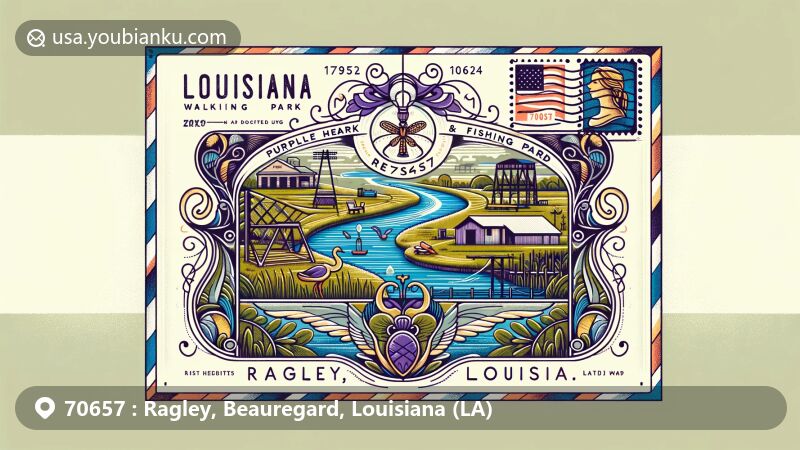 Modern illustration of Ragley, Louisiana, featuring ZIP code 70657, showcasing Purple Heart Walking Park & Fishing Pond, historical sawmill, and Louisiana's natural scenery and state flag.