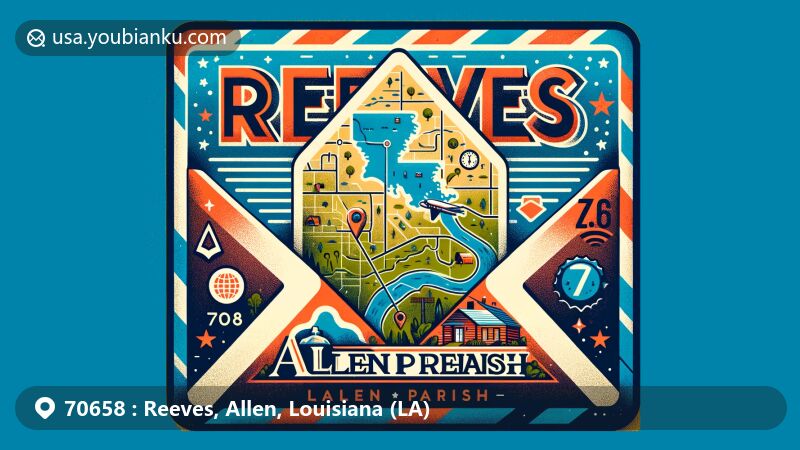 Modern illustration of Reeves village, Allen Parish, Louisiana, featuring airmail envelope theme with integrated map outline of Allen Parish and stylized Reeves icon.