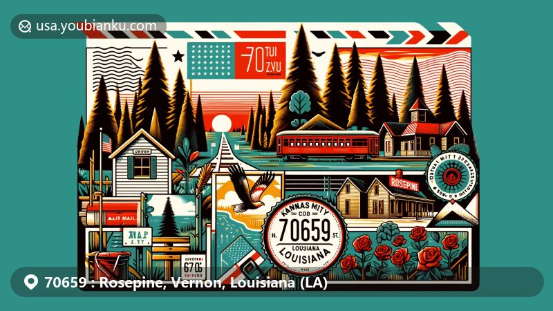 Modern illustration of Rosepine, Louisiana, highlighting postal theme with ZIP code 70659, featuring pine forests, wild roses, and symbols of the town's history with the lumber industry.