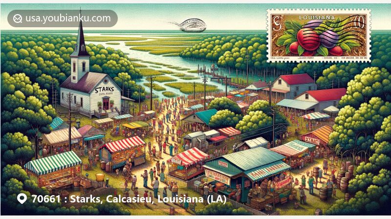 Modern illustration of Starks, Calcasieu Parish, Louisiana, capturing the essence of the famous Mayhaw Festival, a celebration of the unique fruit thriving in the bayous along the Texas/Louisiana border. Features vibrant festival scene, lush greenery, and Louisiana state flag stamp with ZIP code 70661.