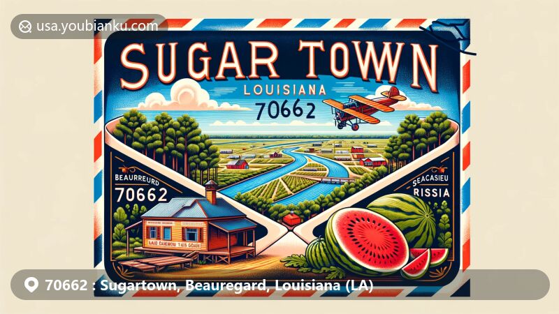 Modern illustration of Sugartown, Beauregard, Louisiana, showcasing postal theme with ZIP code 70662, featuring lush timber industry landscape, iconic pine trees, watermelon stand, Calcasieu River, and Louisiana state outline.