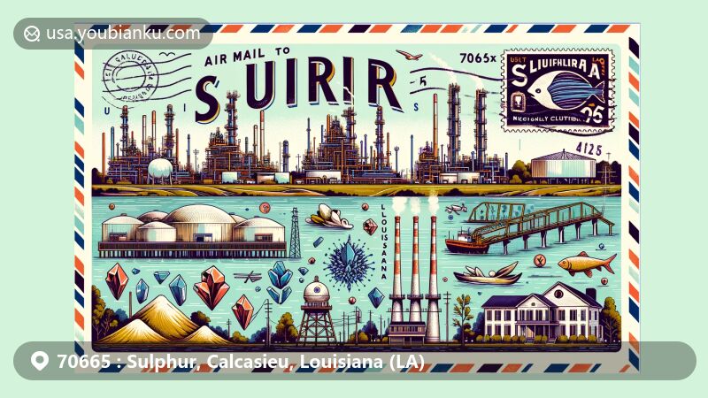 Modern illustration of Sulphur, Louisiana, in Calcasieu Parish, showcasing postal theme with ZIP code 70665, highlighting landmarks, cultural elements, and symbols of the city.