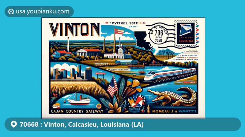 Modern illustration of Vinton, Calcasieu, Louisiana, showcasing historical and cultural highlights including the Neutral Strip, longleaf pine and cypress trees, Seaman A. Knapp's influence on railroad and agriculture, Ged Lake petroleum discovery, Louisiana state flag, alligator, and Calcasieu Parish outline.