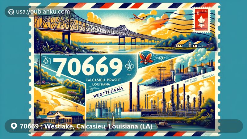 Modern illustration of Westlake, Calcasieu Parish, Louisiana, showcasing iconic Calcasieu River Bridge and industrial landscape with chemical plants and oil refineries.