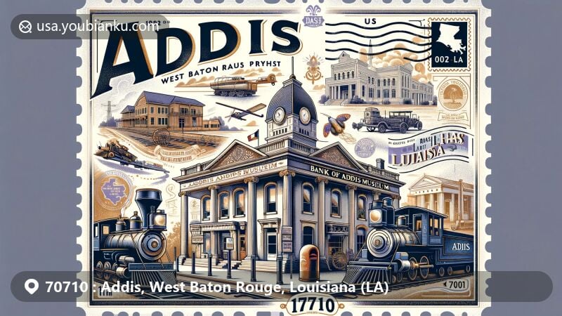 Modern illustration of the Addis Museum in the historic Bank of Addis building, featuring elements highlighting the town's railroad heritage and Louisiana's cultural identity, with nods to Mardi Gras and military history.