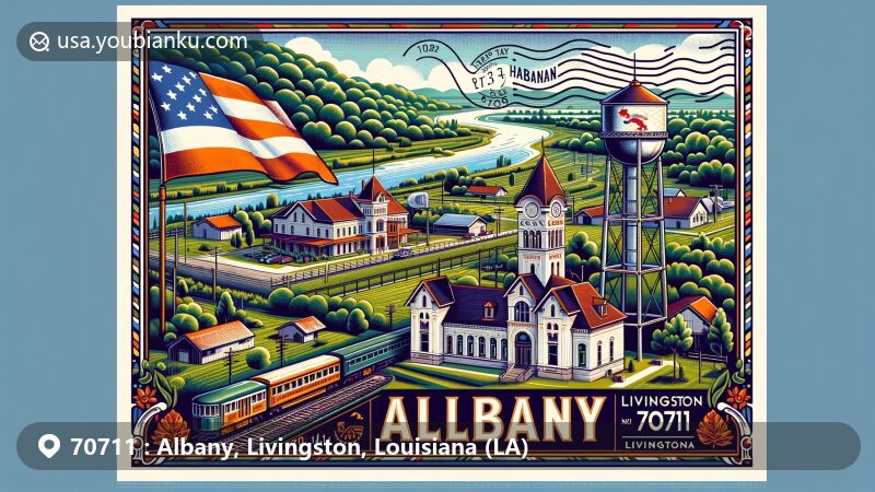 Modern illustration of Albany, Livingston Parish, Louisiana, featuring Hungarian Settlement Museum, Little Natalbany River, Louisiana state flag, and vintage postal theme with ZIP code 70711.