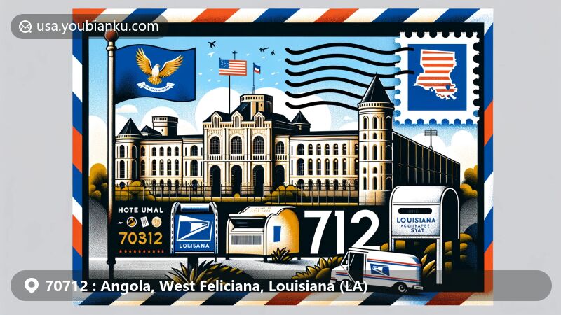Modern illustration of Angola, West Feliciana Parish, Louisiana, depicting Angola Prison and Louisiana flag elements within a postal theme with ZIP code 70712.