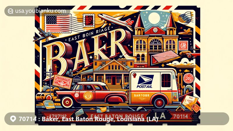 Modern illustration of Baker, East Baton Rouge, Louisiana, showcasing postal theme with ZIP code 70714, featuring Baker High School Auditorium and references to the Mississippi River.