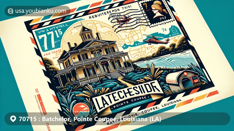 Creative illustration of Batchelor, Pointe Coupee, Louisiana (LA), featuring a unique airmail envelope with '70715' ZIP code and location name. The envelope showcases Lakeside, an Italianate plantation mansion, symbolizing the area's rich history and cultural heritage. The background cleverly integrates the map outlines of the Mississippi River and Pointe Coupee Parish, highlighting the geographic location of the ZIP code area. Additionally, icons of a mailbox and mail truck are subtly included, adding postal-themed elements. This vibrant and eye-catching illustration accentuates the unique regional characteristics and postal traditions of the 70715 area.
