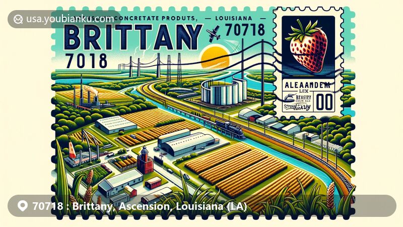 Modern aerial illustration of Brittany, Ascension Parish, Louisiana, reminiscent of vintage postcards, encompassing elements of historic and contemporary significance. Depicts railroad and Airline Highway as vital connections between Baton Rouge and New Orleans, alongside sugarcane and strawberry fields. Features Alexander Concrete Products, symbolizing former Hopper's sawmill location, and a postal stamp with Louisiana state flag, ZIP code 70718, sugarcane, and strawberries. Incorporates 'Brittany, LA' postal mark, blending postal and regional identity, in a vibrant and web-friendly style.