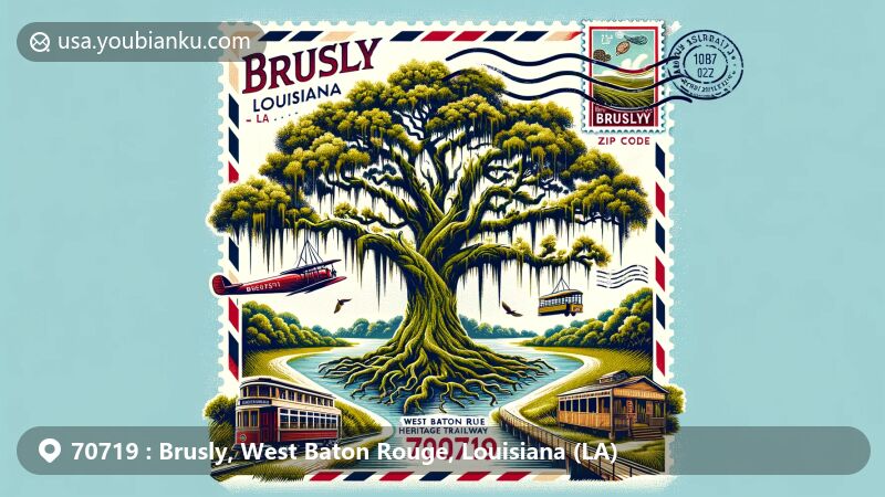 Modern illustration of Brusly, West Baton Rouge County, Louisiana, featuring the iconic Back Brusly Oak with its moss-laden branches and roots, along with the scenic West Baton Rouge Heritage Trailway. This artwork blends nature elements with postal themes, including a vintage airmail envelope, landmark stamps, and a 'Brusly, LA 70719' postmark.