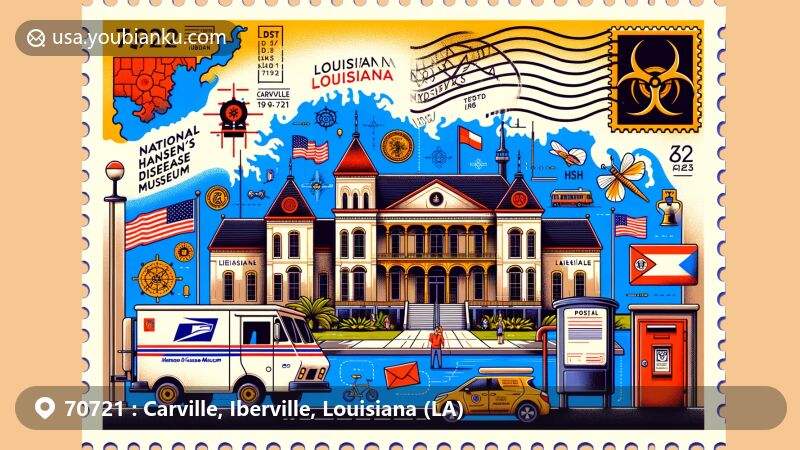 Modern illustration of Carville, Louisiana, highlighting National Hansen’s Disease Museum, state flag, and Iberville Parish outline, with postal marks like ZIP code 70721, postmark, mailbox, and mail van.