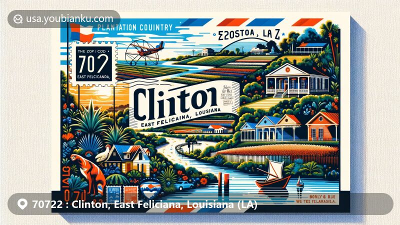 Modern illustration of Clinton, East Feliciana, Louisiana, with postal theme showcasing ZIP code 70722, incorporating elements representing the region's heritage under various flags like Spain, France, England, and West Florida, featuring scenic beauty and historic landmarks.