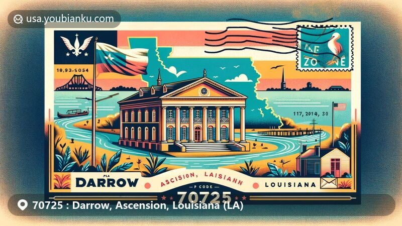 Modern illustration of Darrow, Ascension, Louisiana (LA), showcasing Bocage Plantation, Mississippi River, Louisiana state flag, and postal elements with ZIP code 70725.