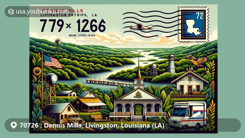 Modern illustration of Dennis Mills, Livingston, Louisiana, featuring a postcard design highlighting local landmarks, culture, and postal elements with lush green landscapes, Denham Springs representation, Louisiana state flag postage stamp, and postal service motifs.