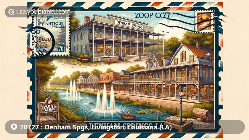 Modern illustration of Denham Springs, featuring Bass Pro Shops Outdoor World, a popular outdoor recreation retail store with a rustic facade and scenic surroundings in Louisiana.