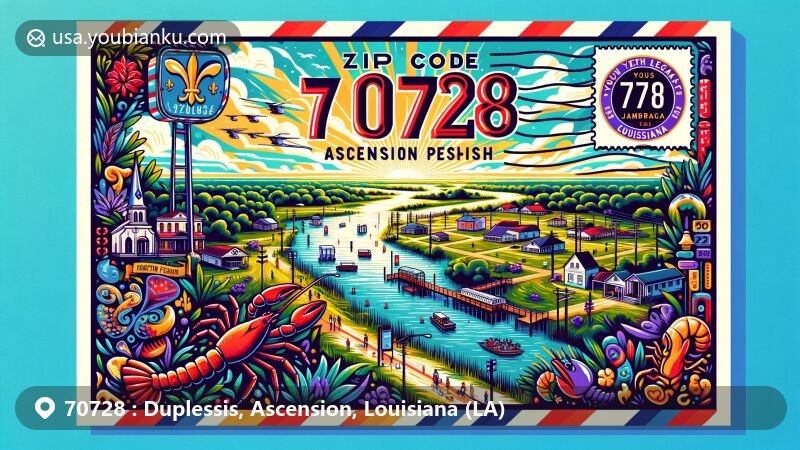 Modern illustration of the Duplessis area in Ascension Parish, Louisiana, featuring a creative postcard design with a stylized map outline of Ascension Parish, cultural symbols like Cajun culture, crawfish, jambalaya, and the state flag, and a vibrant depiction of a local park possibly Youth Legacy - Duplessis Park.