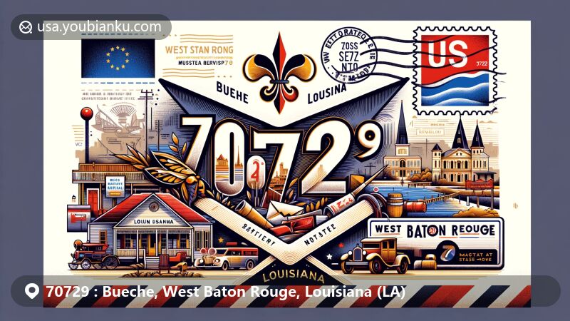 Modern illustration of Bueche, West Baton Rouge Parish, Louisiana, with postal theme showcasing ZIP code 70729, Louisiana state symbols, and cultural heritage elements.