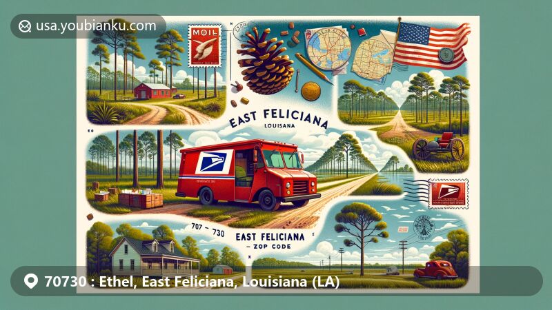 Modern illustration of Ethel, East Feliciana County, Louisiana, capturing rural tranquility with green landscapes and pine woods, incorporating classic American postal scene with vintage red postal truck, '70730' ZIP code envelope, and Louisiana symbols.