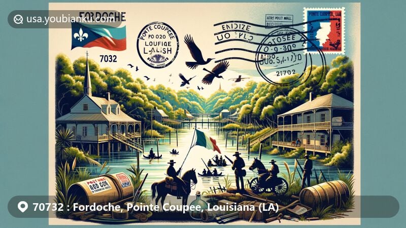 Modern illustration of Fordoche, Pointe Coupee Parish, Louisiana, blending regional elements with postal theme, featuring air mail envelope with vintage postage stamp showing ZIP code 70732 and 2024 postmark.