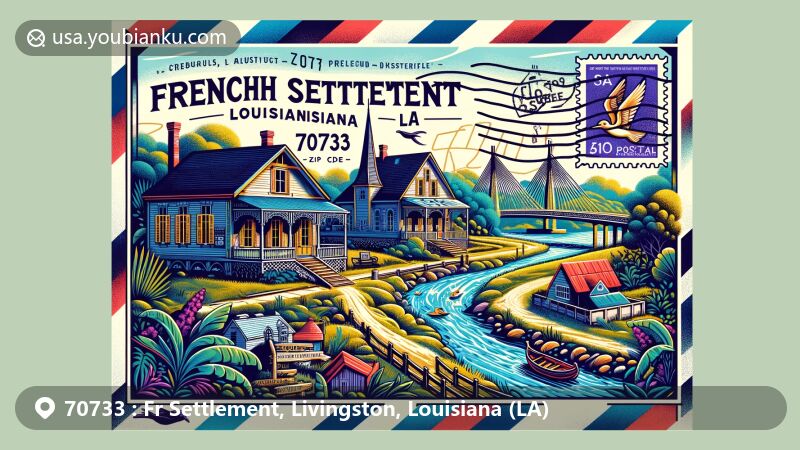 Modern illustration of French Settlement, Louisiana, blending local landmarks with postal elements, featuring Creole House Museum and French Settlement Bridge, symbols of the area's history and culture.