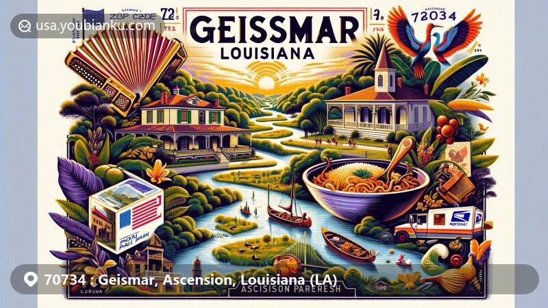 Modern illustration of Geismar, Ascension Parish, Louisiana, showcasing postal theme with ZIP code 70734, featuring Southern Louisiana's lush subtropical landscape, iconic cultural symbols like accordion and jambalaya, and pride of education at Dutchtown High School.