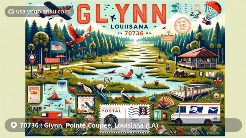 Modern illustration of the Glynn area, Louisiana, showcasing natural beauty and cultural elements, with lush forests, marshlands, local festivals, wildlife, and outdoor activities, combined with postal theme featuring ZIP code 70736 and state abbreviation LA.