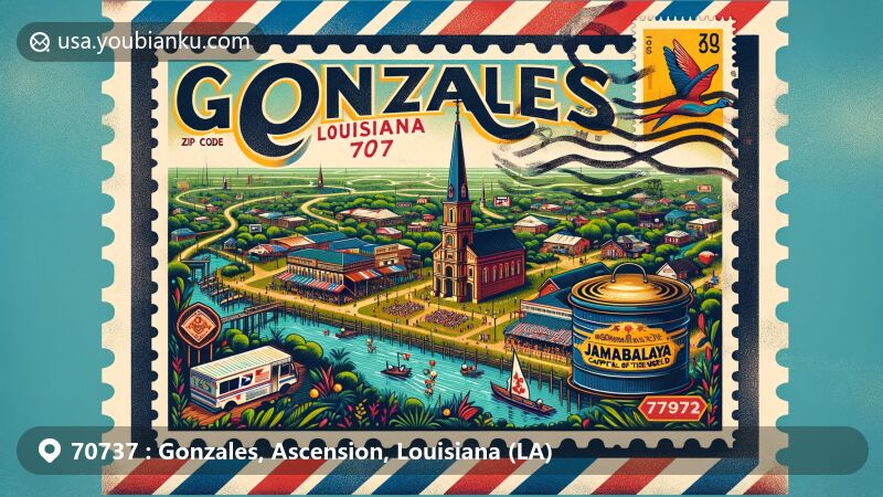 Modern illustration of Gonzales, Ascension Parish, Louisiana, emphasizing postal theme with ZIP code 70737, featuring the Jambalaya Festival and local landmarks.