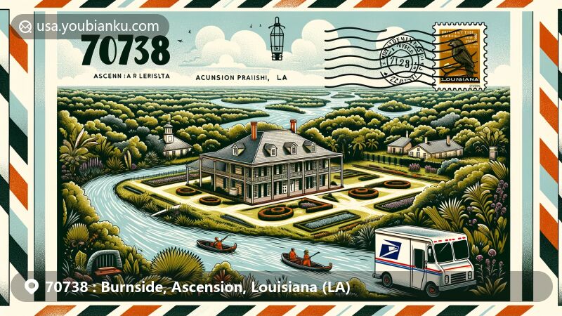 Modern illustration of Burnside, Ascension Parish, Louisiana, showcasing Houmas House Plantation and Gardens, with clever integration of postal theme including postcard elements and '70738' ZIP code details.