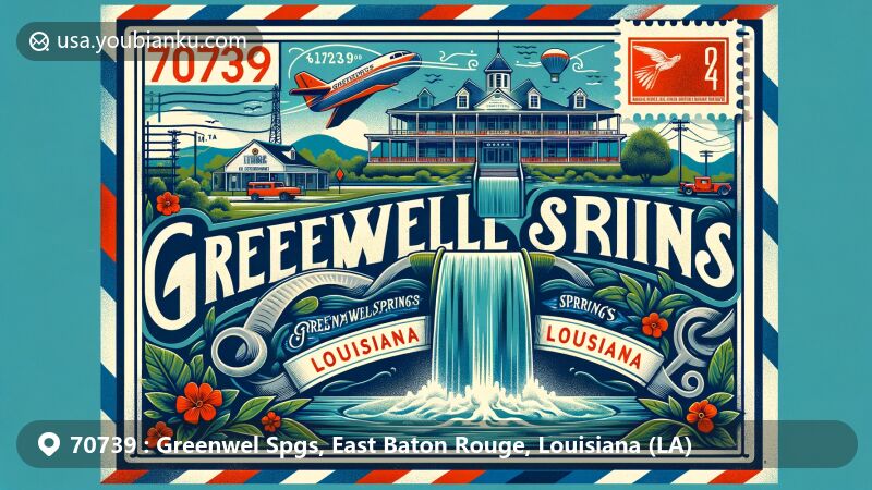 Modern illustration of Greenwell Springs, East Baton Rouge County, Louisiana, showcasing postal theme with ZIP code 70739, featuring vintage airmail envelope, Greenwell Springs Hotel, flowing spring, Louisiana state flag, and symbolic local landmarks.