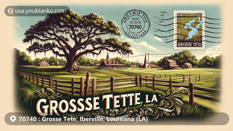 Modern illustration of Grosse Tete Village, Iberville County, Louisiana, featuring Bayou Grosse Tete with live oaks and green pastures, highlighting postal theme with vintage postcard layout and ZIP code 70740.
