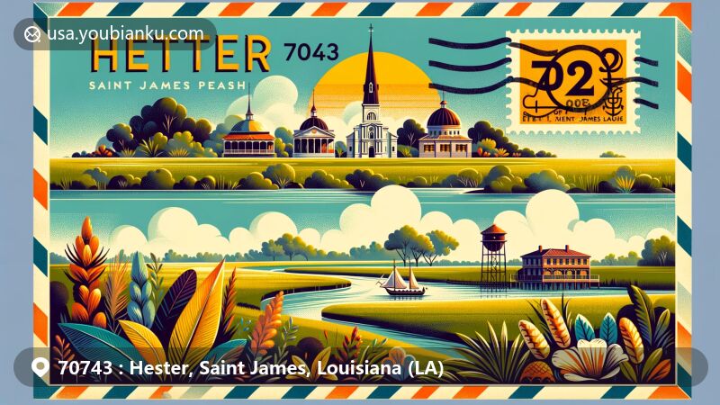 Modern illustration of Hester, Saint James Parish, Louisiana, depicting a close-knit small unincorporated community surrounded by lush Louisiana scenery, incorporating elements reflecting the rich cultural heritage of the area such as the nearby Mississippi River, vintage postcard or airmail envelope theme with stamps, postmarks, and prominently displayed ZIP code 70743. The artwork is in a wide format, 1792x1024 pixels, showcasing vibrant colors and detailed imagery.