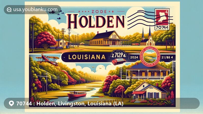 Modern illustration of Holden, Louisiana, emphasizing postal theme and ZIP code 70744, featuring iconic landmarks like the historic Holden School, local natural beauty, and the Holden Post Office.