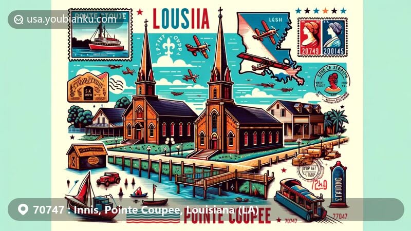 Modern illustration of Innis, Pointe Coupee Parish, Louisiana, with ZIP code 70747, featuring St. Stephen's Episcopal Church and postal motifs, capturing the area's cultural and historical essence.