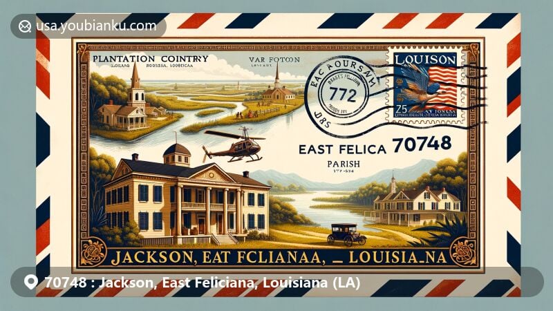 Modern illustration of Jackson, East Feliciana Parish, Louisiana, featuring a vintage air mail envelope with a stamp highlighting the region's plantation country and Greek Revival architecture, along with a postmark of ZIP code 70748.