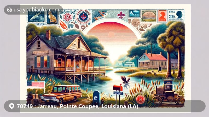Modern illustration of Jarreau, Pointe Coupee Parish, Louisiana, featuring postal theme with historic post office facade, vintage postal stamps, and Creole culture elements, set by the banks of False River.