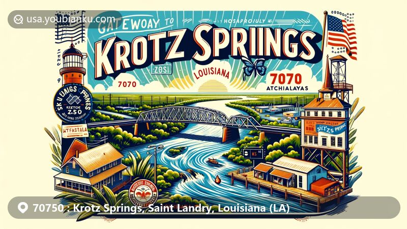 Vivid illustration of Krotz Springs, Saint Landry Parish, Louisiana, merging landmarks like Krotz Springs Bridge and natural elements with a vintage postcard postal theme and the Louisiana state flag.