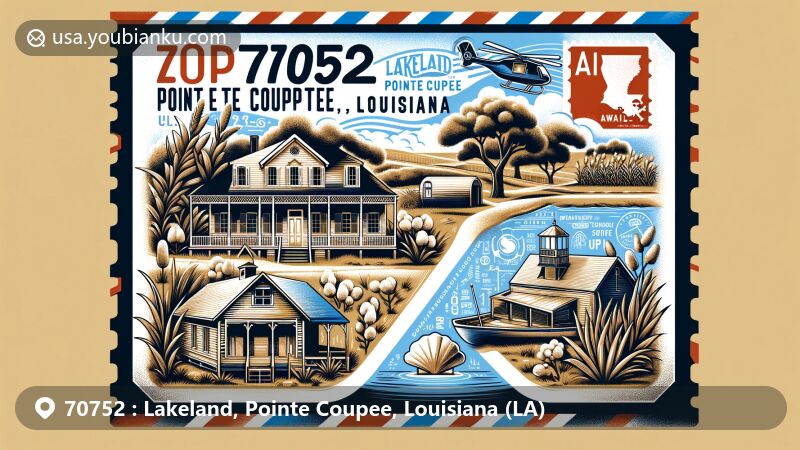 Modern illustration of Lakeland, Pointe Coupee, Louisiana, presenting postal theme with ZIP code 70752, featuring Alma Plantation and Cherie Quarters Cabins.