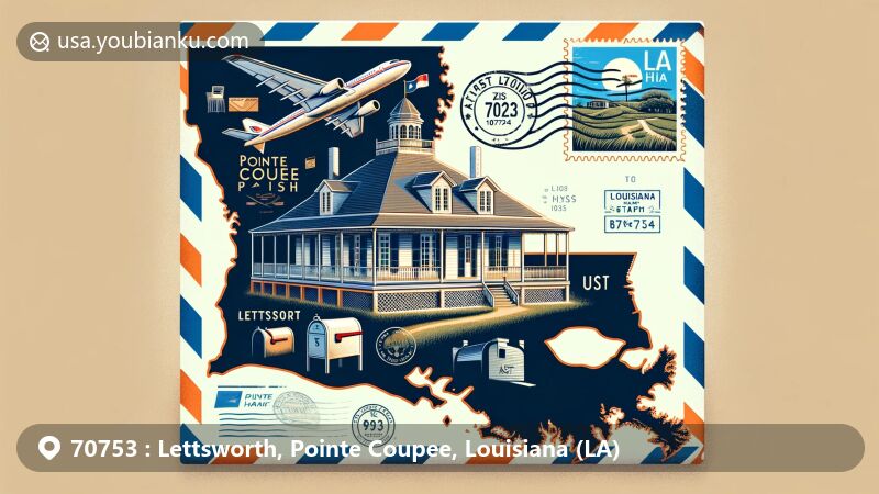 Modern illustration of Lettsworth, Pointe Coupee Parish, Louisiana, with postal theme showcasing airmail envelope, White Hall Plantation House, mailbox, postmark with ZIP code 70753, and Louisiana state flag.