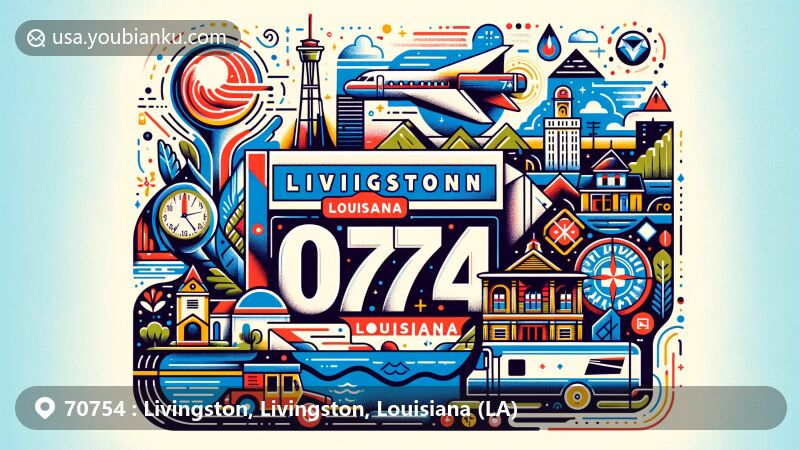 Modern illustration of Livingston, Louisiana, highlighting postal theme with ZIP code 70754, featuring symbolic representation of local geography and landmarks, postal elements like air mail envelope and mail truck, and vibrant colors for a visually appealing design.