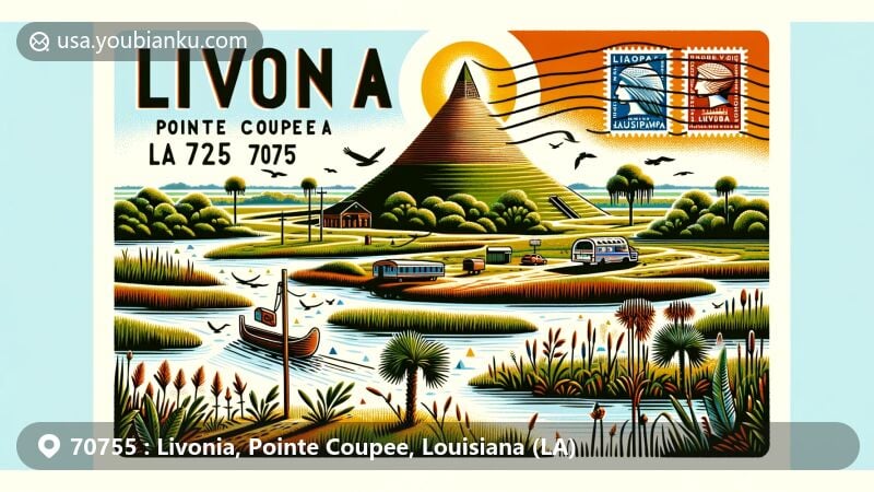 Contemporary illustration of Livonia, Pointe Coupee, Louisiana, featuring stylized Livonia Mound and geographical elements like Atchafalaya and Mississippi Rivers, embodying natural beauty and region's Native American heritage.