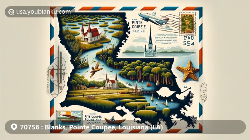 Modern illustration of Blanks, Pointe Coupee Parish, Louisiana (LA), featuring a vintage airmail envelope with elements representing the area, including False River and Atchafalaya River. St. Francis Chapel stamp showcases historic French colonial heritage, with local flora/fauna like cypress trees and brown pelican.