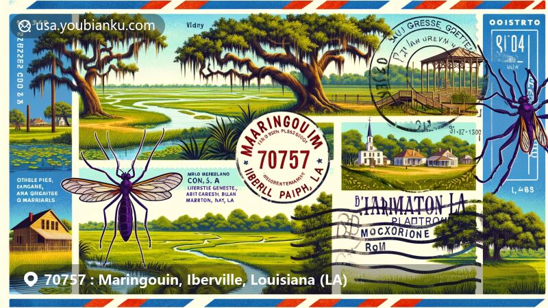 Modern illustration of Maringouin area in Iberville Parish, Louisiana, featuring rural charm with live oaks, Bayou Grosse Tete, green pastures, Belmont Plantation ruins, Cajun French mosquito, and vintage postal elements.