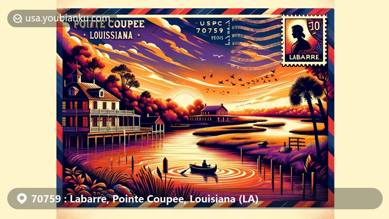 Modern illustration of Labarre, Pointe Coupee Parish, Louisiana, highlighting ZIP code 70759, with scenic False River and historic LaCour House silhouette, reflecting area's rich cultural heritage.