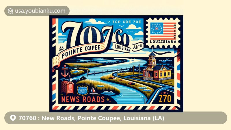 Modern illustration of New Roads, Pointe Coupee, Louisiana, with postal theme and ZIP code 70760, showcasing False River, Pointe Coupee Parish Courthouse, Louisiana state flag, and vintage postage elements.