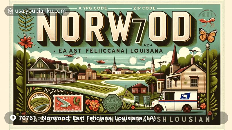 Modern illustration of Norwood, East Feliciana Parish, Louisiana, featuring postal theme with ZIP code 70761, incorporating local flora and vintage postcard elements.