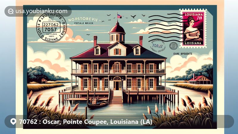 Modern illustration of a Creole-style plantation house in Pointe Coupee Parish, Louisiana, with False River in the background, incorporating postcard elements and 70762 ZIP code.