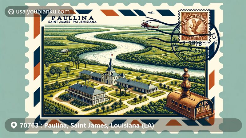 Modern illustration of Paulina, Saint James Parish, Louisiana, showcasing the Mississippi River, lush landscapes, and a vintage air mail envelope with a postcard of an oak alley, representing Louisiana's cultural heritage and mail delivery theme.