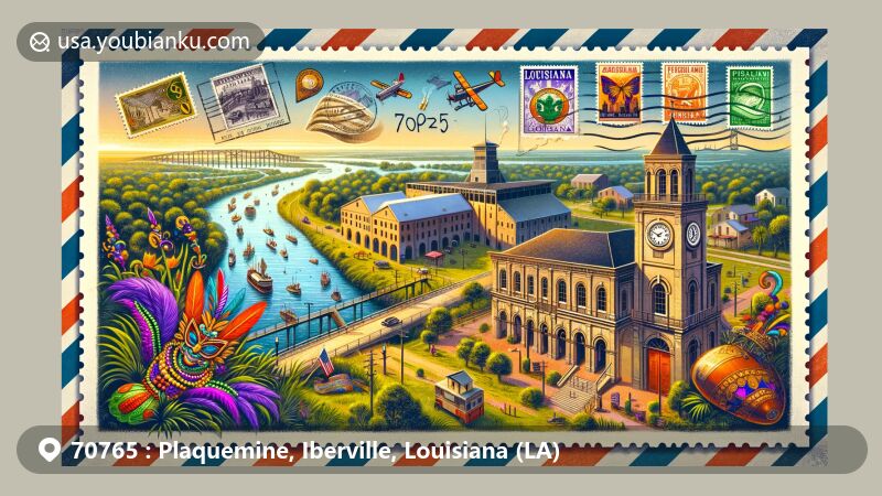 Modern illustration of Plaquemine, Louisiana, showcasing postal theme with ZIP code 70765, featuring Plaquemine Lock State Historic Site, Iberville Museum, Mardi Gras elements, and Mississippi River, capturing the essence of the rich cultural heritage and natural beauty of the region.