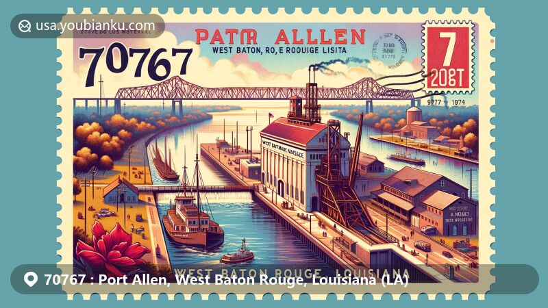 Modern illustration of Port Allen, West Baton Rouge, Louisiana, highlighting the Port Allen Lock and West Baton Rouge Museum, with a backdrop of the Mississippi River and postal elements for ZIP code 70767.